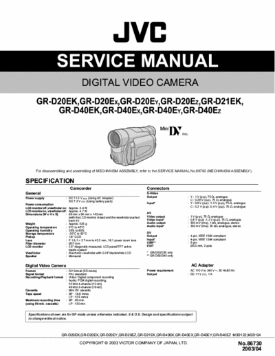 JVC GR-D22 Service Manual for GR-D20...40 series