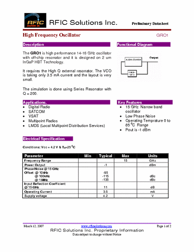 Rficsolutions Inc. GRO1 The GRO1 is high performance 14-16 GHz oscillator
with off-chip resonator and it is designed on 2 um
InGaP HBT Technology.
It requires the High Q external resonator. The VCO
is taking only 3.5 mA current and the layout is very
small.
Functional Diagram .
The simulation is done using Series Resonator with
Q = 200.