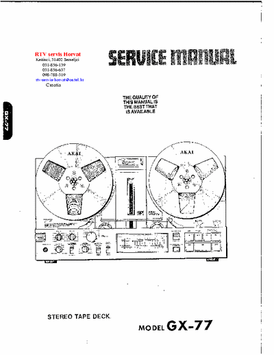 AKAI GX-77 71 page scanned service manual for AKAI reel to reel stereo tape deck model # GX-77