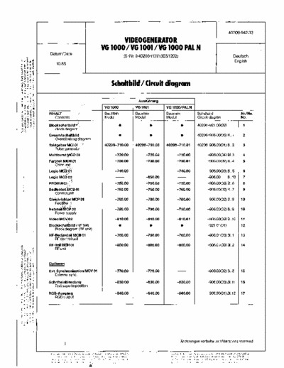 Grundig VG 1000, VG 1001, VG 1000 PAL N Schematics for Grundig video generator (TV test picture generator), covers the models VG 1000, VG 1001, VG 1000 PAL N (the VG 1001 conforms FuBK specification)