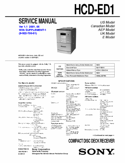 Sony HCD-ED1 sony Service manual HCD-ED1 Ver 1.1 2001. 06
With SUPPLEMENT-1