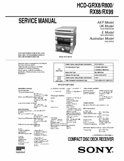 Sony HCD-GRX8, R800, RX88, RX99 Sony HCD-GRX8, R800, RX88, RX99