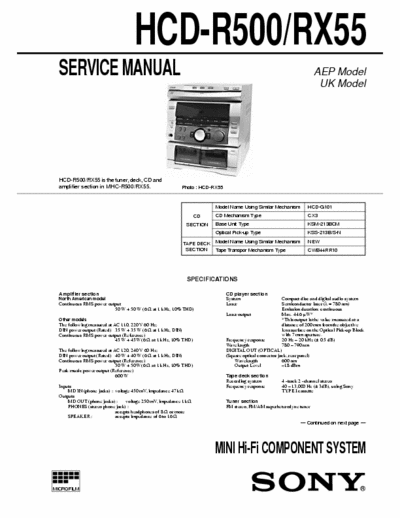 SONY HCD-R500 - RX50 Service Manual em pdf