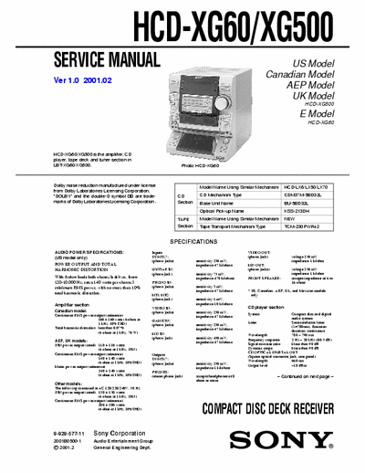 Sony HCD-XG60_XG500 Service Manual for Compact Disc Deck Receiver
