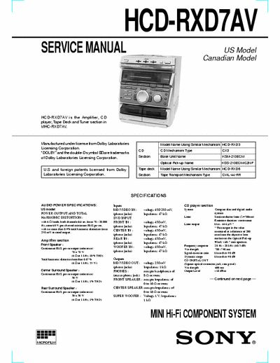 SONY HCD-RXD7AV Service Manual