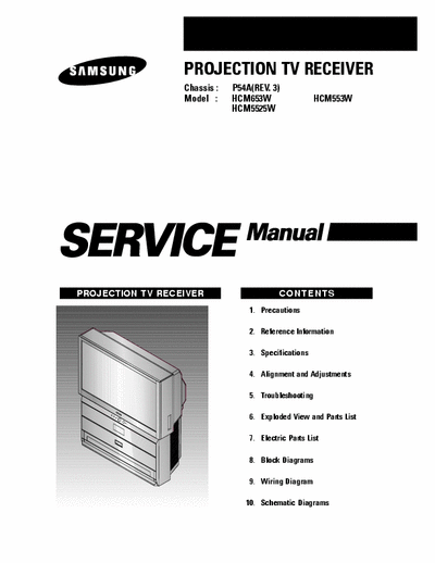 Samsung HCM653W 9 files, 190 total pages, service manual / data for Samsung projection TV receiver model #