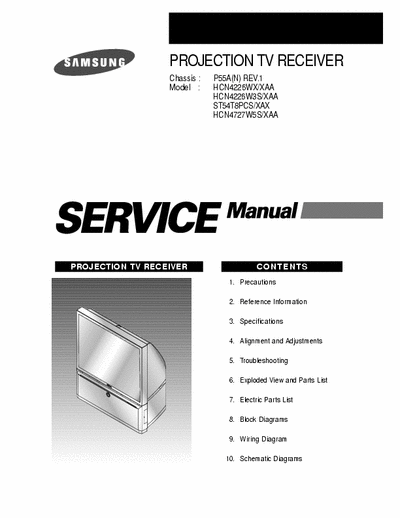 Samsung HCN4226WX/XAA 157 page service manual for Samsung projection color TV receiver, model #