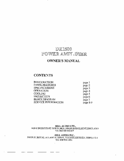 HILL AUDIO DX1500 Service manual and user manual.