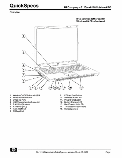 HP nx6110 Specifications for HP Compaq nc6110/nx6110 Notebook PC