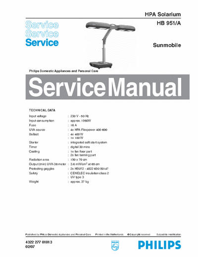 Philips Sunmobile HB951/A Service Manual HPA Solarium 1.960W - pag. 7