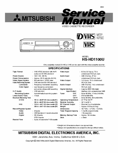 Mitsubishi HS-HD1100U Service Manual Video Cassette Recorder VHS MTP NTSC - (12.842Kb) Part 1/5 - pag. 92