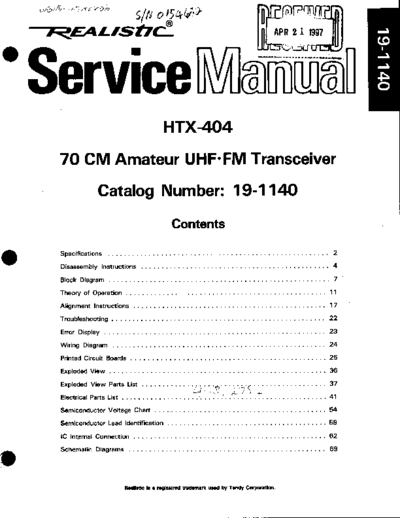 Radio Shack HTX-404 REALISTIC HTX-404 amateur radio handheld 70cm transceiver service manual