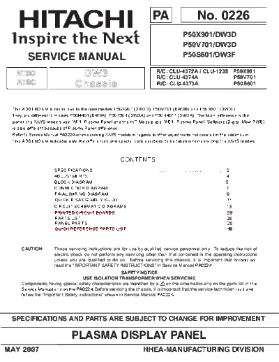 hitachi P50S601 Plasma TV Service Manual - also covers models P50X901 and P50V701