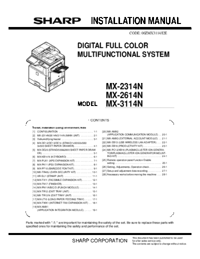 Sharp MX-2314N_MX-2614N_ MX-3114N Group Aries II => MX-2314N_MX-2614N_ MX-3114N INSTALLATION MANUAL