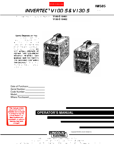 LINCOLN ELECTRIC INVERTEC V100/130 INVERTEC V100/V130