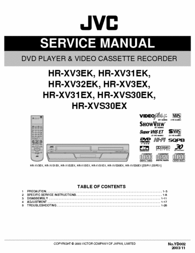 JVC HR-XV3 HR-XV31 HR-XV32 HR-XVS30 HR-XV3EK, HR-XV31EK,
HR-XV32EK, HR-XV3EX,
HR-XV31EX, HR-XVS30EK,
HR-XVS30EX