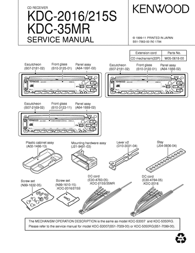 Kenwood KDC-2016/215S/35MR CD RECEIVER SERVICE MANUAL