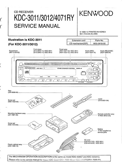 Kenwood KDC-3011/3012/4071RY CD RECEIVER SERVICE MANUAL