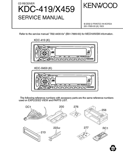 kenwood KDC-419/X459 CD RECEIVER SERVICE MANUAL