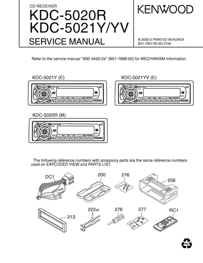 Kenwood KDC-5020R/5021Y/ CD RECEIVER SERVICE MANUAL