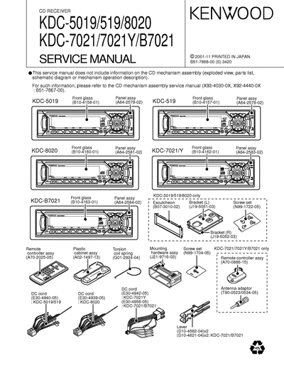 kenwood KDC-519/5019/7021/B7021/8020 CD RECEIVER SERVICE MANUAL