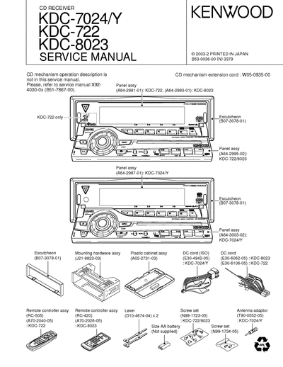 Kenwood KDC-722/7024/8023 CD RECEIVER SERVICE MANUAL