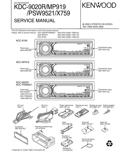 Kenwood KDC-9020R/MP919/PSW9521/X759 CD RECEIVER SERVICE MANUAL