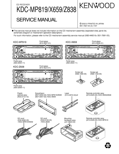 kenwood KDC-MP819/X659/Z838 CD RECEIVER