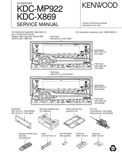 kenwood KDC-MP922/X869 CD RECEIVER