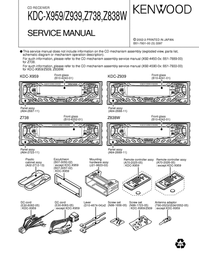 kenwood KDC-X959/Z738/Z838W/Z939 CD RECEIVER