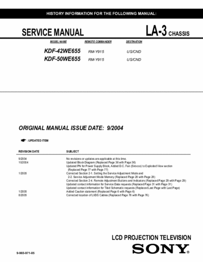 Sony KDF-42WE655 121 page service manual (Sep-2004) for Sony 42 & 50 inch LCD projection color TV (NTSC) model #