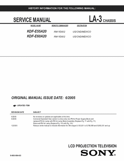 Sony KDF-E55A20 144 page service manual (Jun-2005) for Sony 55 & 60 inch LCD projection color TV model #