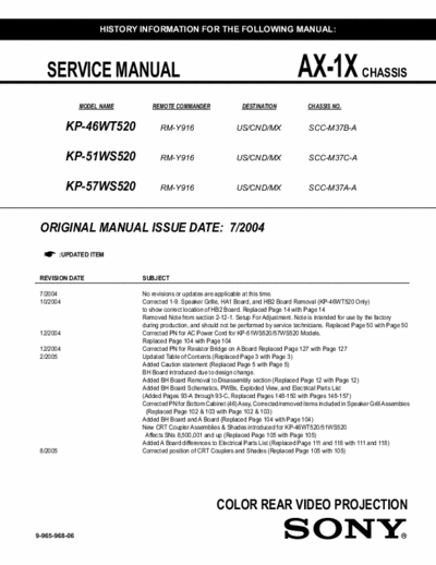 Sony KP-46WT520 154 page service manual (Jul-2004) for Sony 46, 51 & 57 inch rear video projection color TV (NTSC) model #