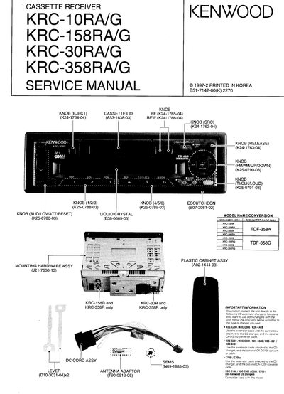 kenwood KRC-10/158/30/358RA/358G CASSETTE RECEIVER SERVICE MANUAL