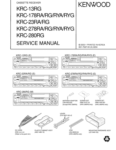 kenwood KRC-13RG/178RA/23RA/278RA/280RG CASSETTE RECEIVER SERVICE MANUAL