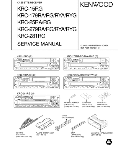 kenwood KRC-15RG/179RA/25RA/279RA/281RG CASSETTE RECEIVER SERVICE MANUAL