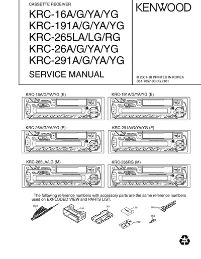 kenwood KRC-16A/26A/191A/265LA/291A CASSETTE RECEIVER SERVICE MANUAL