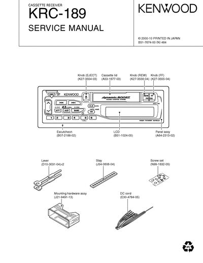 kenwood KRC-189 CASSETTE RECEIVER SERVICE MANUAL