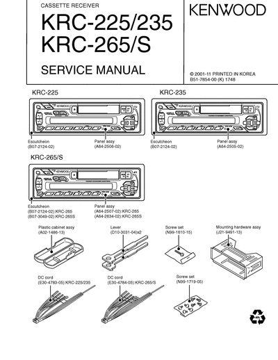 kenwood KRC-225/235/265 CASSETTE RECEIVER SERVICE MANUAL