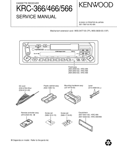 kenwood KRC-366/466/566 CASSETTE RECEIVER SERVICE MANUAL