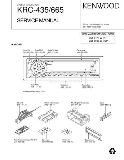 kenwood KRC-435/665 CASSETTE RECEIVER SERVICE MANUAL