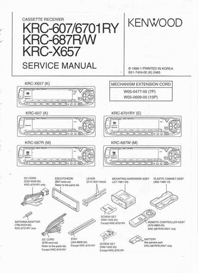 Kenwood KRC-607/6701RY/687R/X657 CASSETTE RECEIVER SERVICE MANUAL