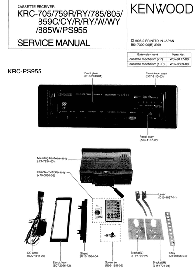 Kenwood KRC-705/759R/785/805/859C/885W/PS955 CASSETTE RECEIVER SERVICE MANUAL