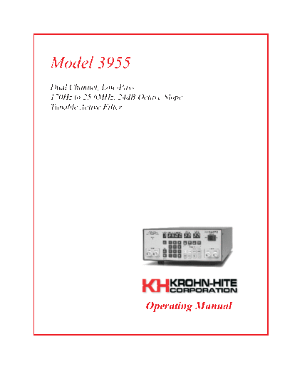 Krohn-Hite 3955 Specification Sheet  Users manual Dual channel programmable filter 
170Hz 25.6Mhz
