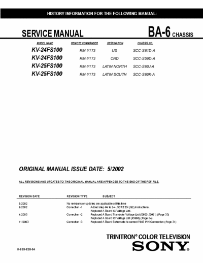 Sony KV-24FS100 144 page service manual (May-2002) for Sony 24 inch Trinitron color TV model KV-25FS100 & KV-25FS100 with BA-6 chassis.