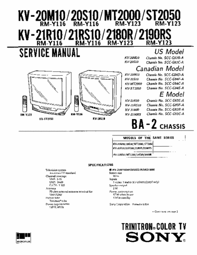 Sony KV20S10 Service Manual for Sony KV20S10 and chassis family KV20M10 , KV21R10 , KV21RS10 , KVST2050 - All BA-2 Chassis models.