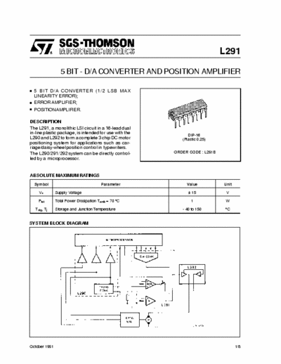 SGS-Thomson L291 5 Bit D/A converter and position amplifier