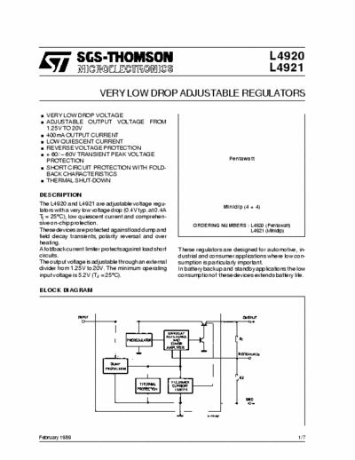 SGS-Thomson L4920 L4920 L4921 very low drop adjustable regulators