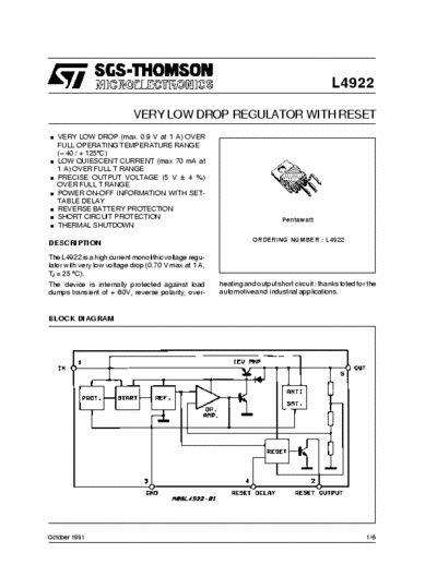 SGS-Thomson L4922 Very low drop regulator with reset