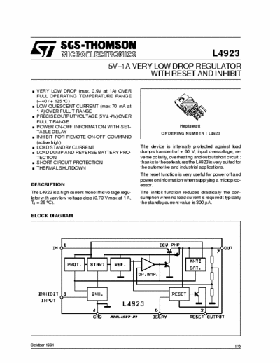 SGS-Thomson L4923 5V-1A very low drop regulator with reset & inhibit